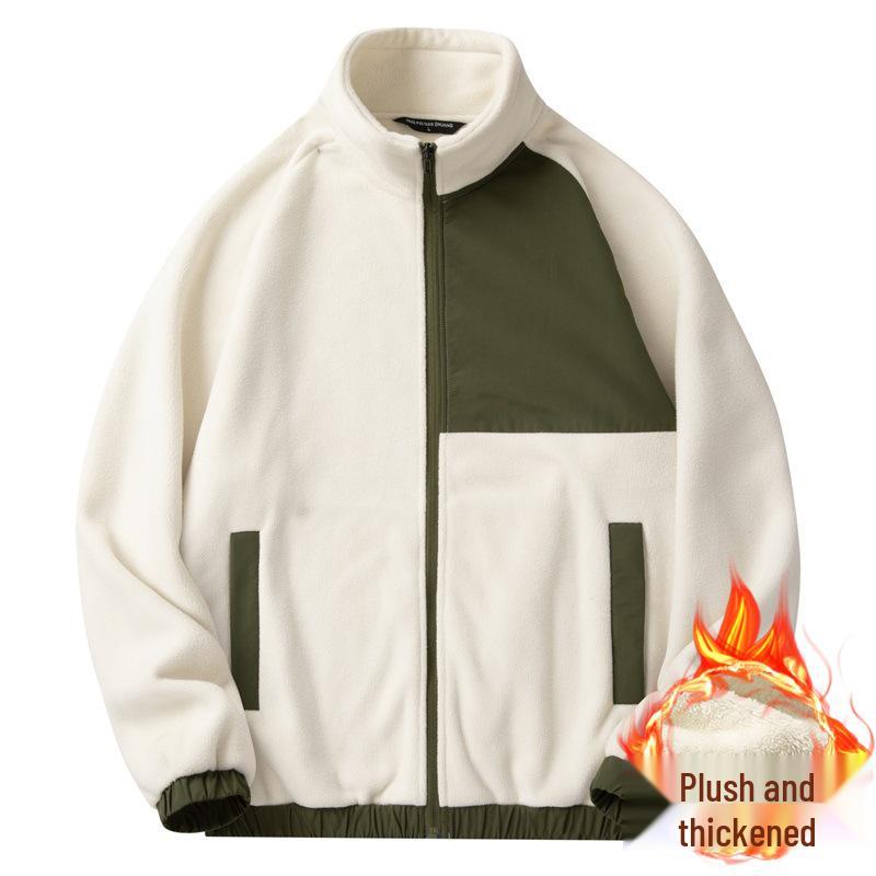 Chaqueta para hombre de forro polar grueso con bloques de color y cuello alto, top casual deportivo para otoño/invierno