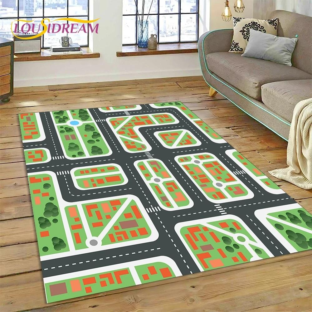 3D Highway Runway Playroom City Traffic Road Map Child PlayMat Rug Carpet for Living Room Bedroom Home Decor,Non-slip for Sofa