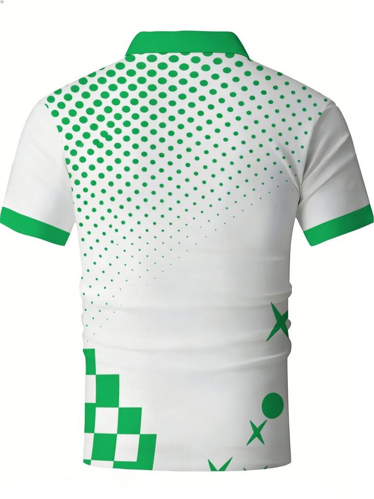 [Printed Design – Not Textured] Men'S Golf Shirt with Green And White Polka Dot Pattern, Casual Apparel, Suitable for Offices, Restaurants And Outdoor