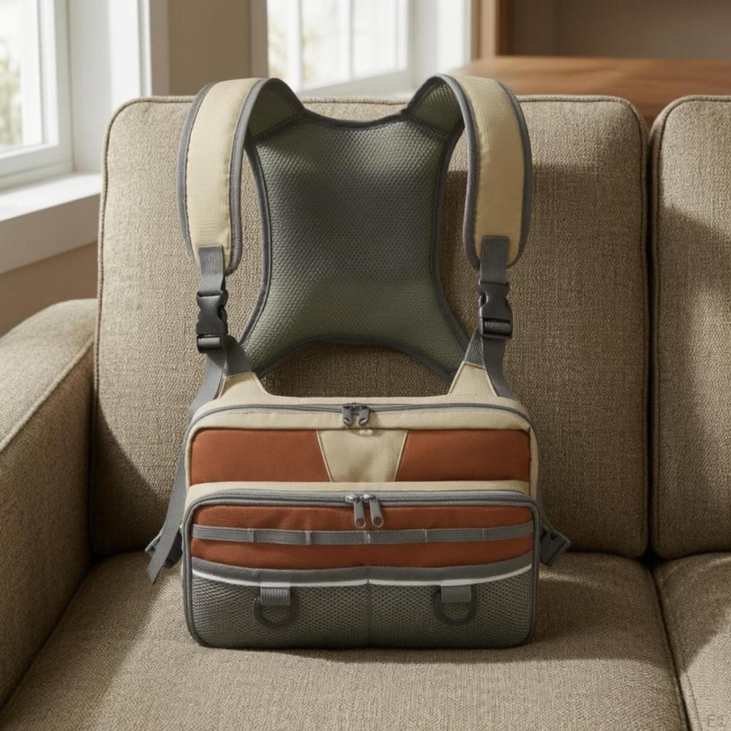 Fishing Chest Bag MultiCompartment with Harness Breathable Pack for Anglers, Fly Fishermen