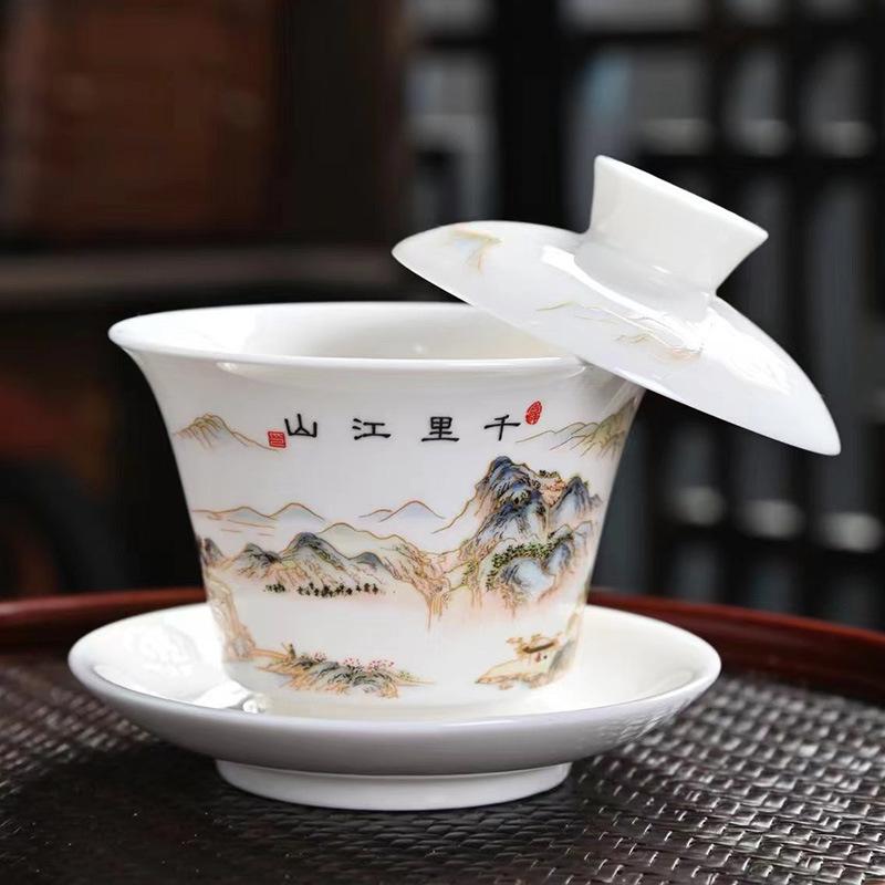 New Ice-White Filament Silver Dragon Hovering Sancai Cover Bowl Kung Fu Tea Set Home Office Light Luxury High-End Tea Cup