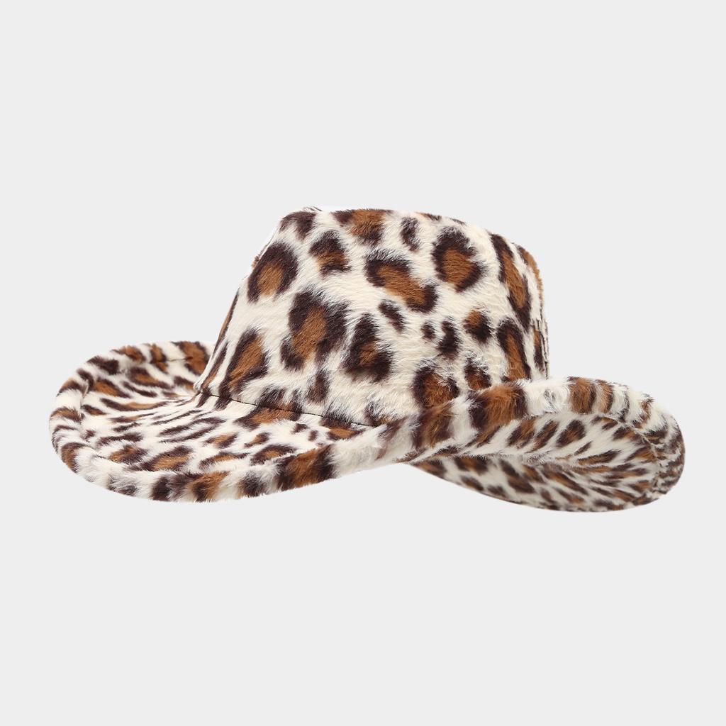 Sonbahar ve kış batı kovboy stili leopar desenli peluş siperli yüz gösteren küçük silindir şapka erkek ve kadın moda caz şapkası trend şövalye şapkası