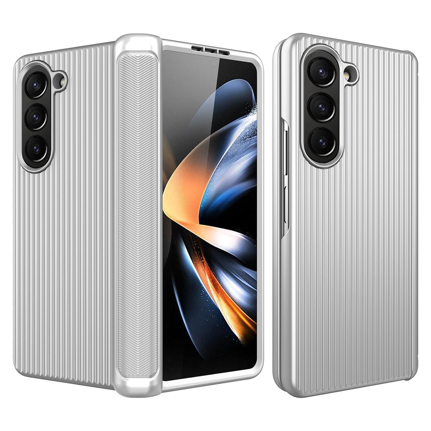

GKK For Samsung Galaxy Z Fold5 5G Hard PC Phone Case Luggage Case Striped Design Kickstand Cover with Tempered Glass Film Silver