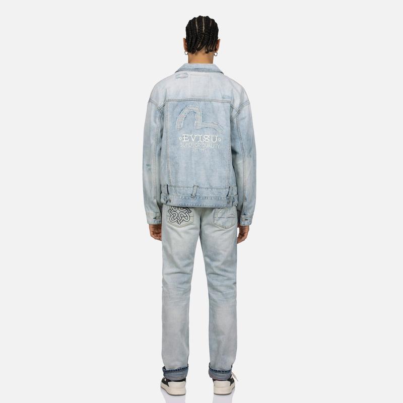 Evisu SS24 Stile Decostruito Gabbiano Colorato Giacca Larga in Denim Giacca da Uomo Denim-Blu 2ESHTM4DJ1007LFDN