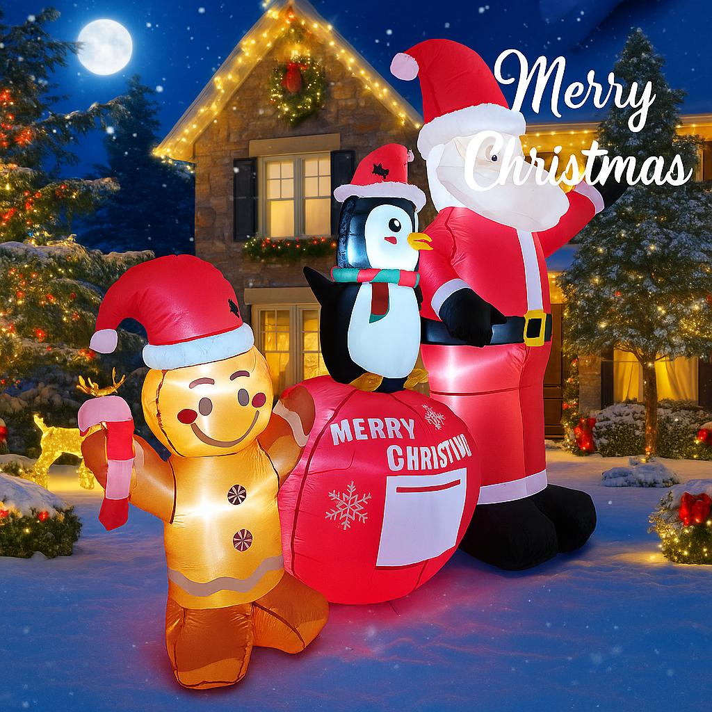 7.2FT LED Inflatable Xmas Yard Decor Santa Penguin Gingerbread Man Set Christma Home Decoration Ornament Toy Gifts Holiday Decor
