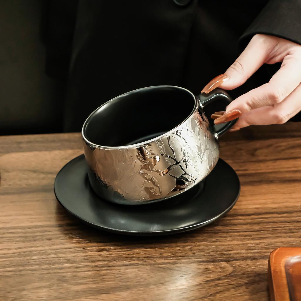 Mirror Silver Floral Ceramic Cup Saucer Set Electroplated Porcelain Coffee Cup for Espresso Latte Tea Modern Luxury Home Decor