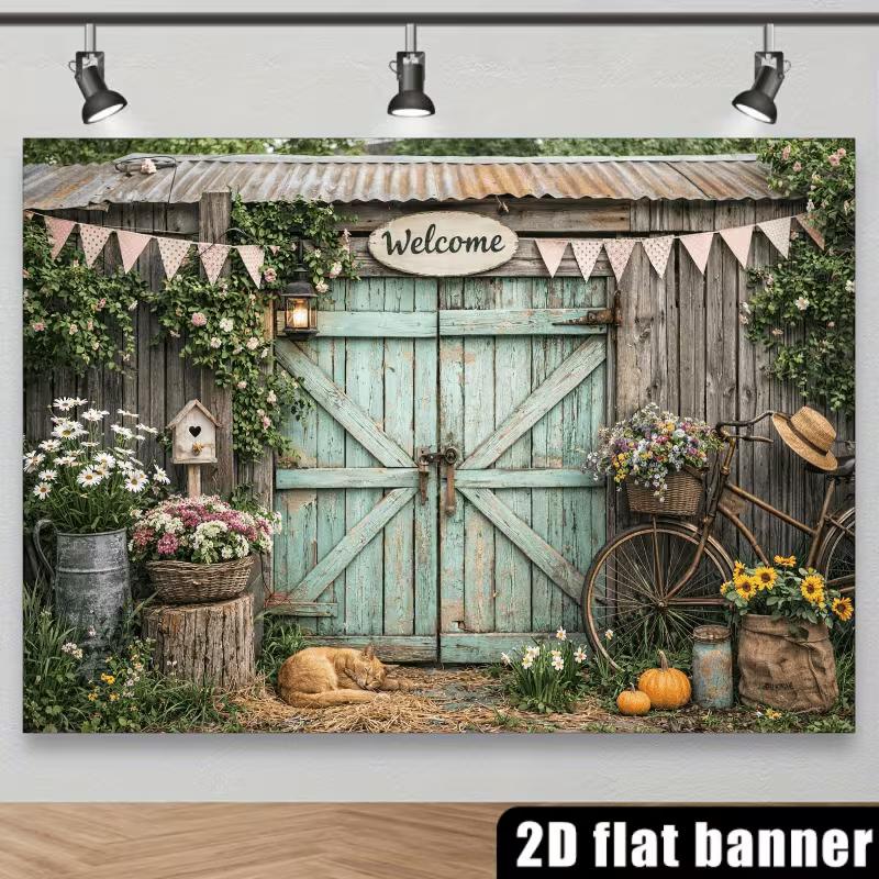 2D Vintage Fahrrad und Blumen Hintergrundtuch Fotokabinen Requisite