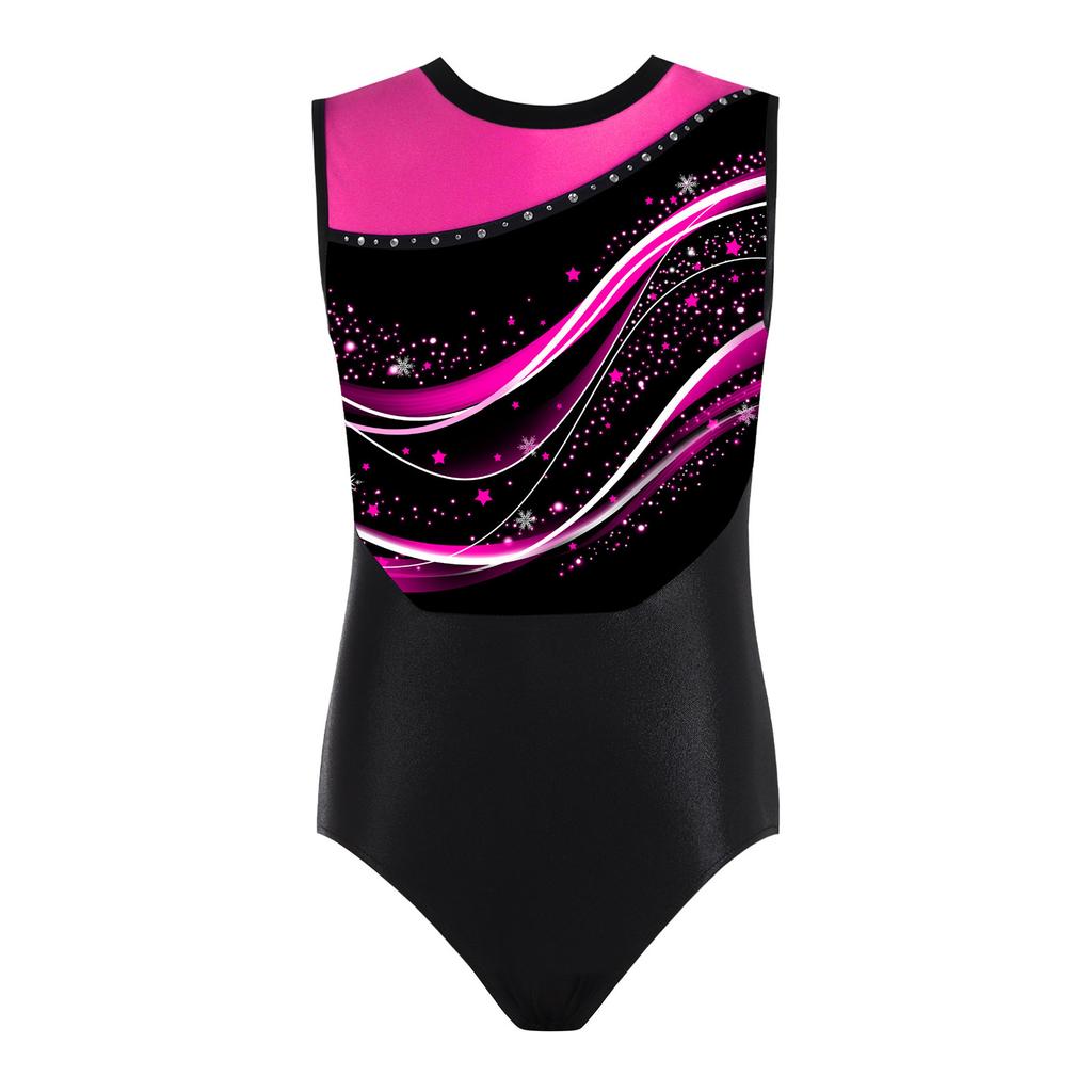Girls Stylish Print Round Neck Sleeveless Patchwork Gymnastics Leotard Figure Skating Acrobatics Dance Bodysuit
