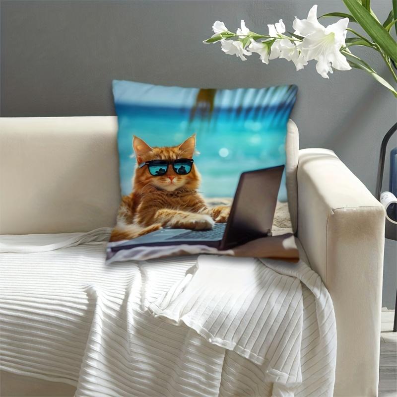 Cool Cat Pillowcase, Funny Cat with Sunglasses Cushion Cover, Beach Laptop Cat Throw Pillow, Summer Holiday Home Decor, Animal