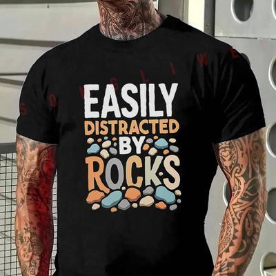 Easily Distracted By Rocks Funny Rocks Motorcycle T-Shirt Men's Summer Casual Short Sleeve Tshi