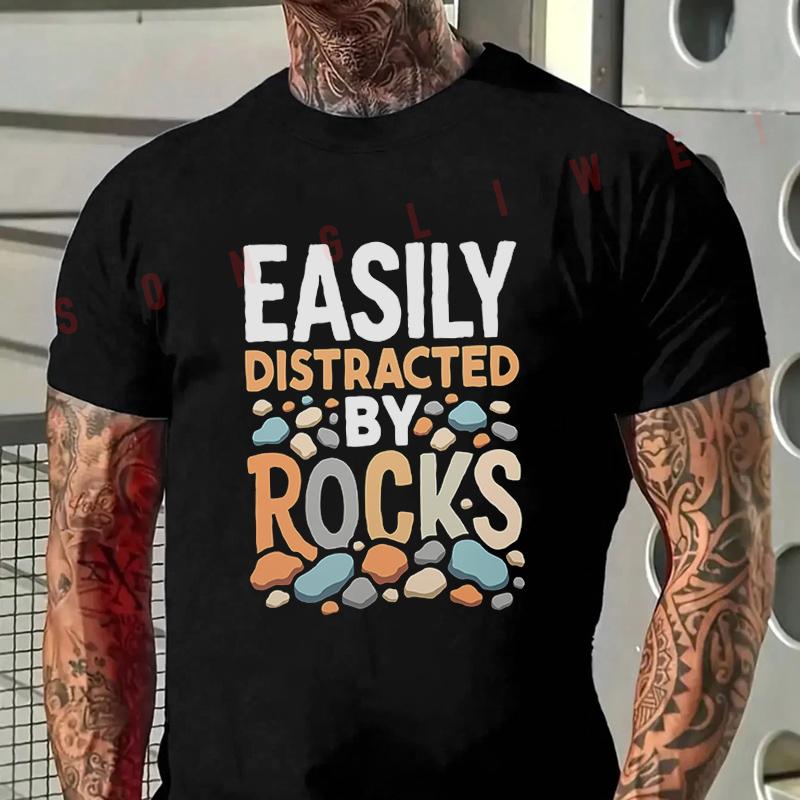 Easily Distracted By Rocks Funny Rocks Motorcycle T-Shirt Men's Casual Short Sleeve Tshirt To