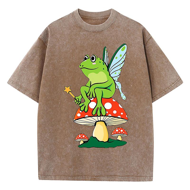 Frosch FeeCore Pilz Druck Damen Gewaschenes T-Shirt Baumwolle Lässig T-Shirt Locker Hip Hop Kurzarm Vintage Kleidung