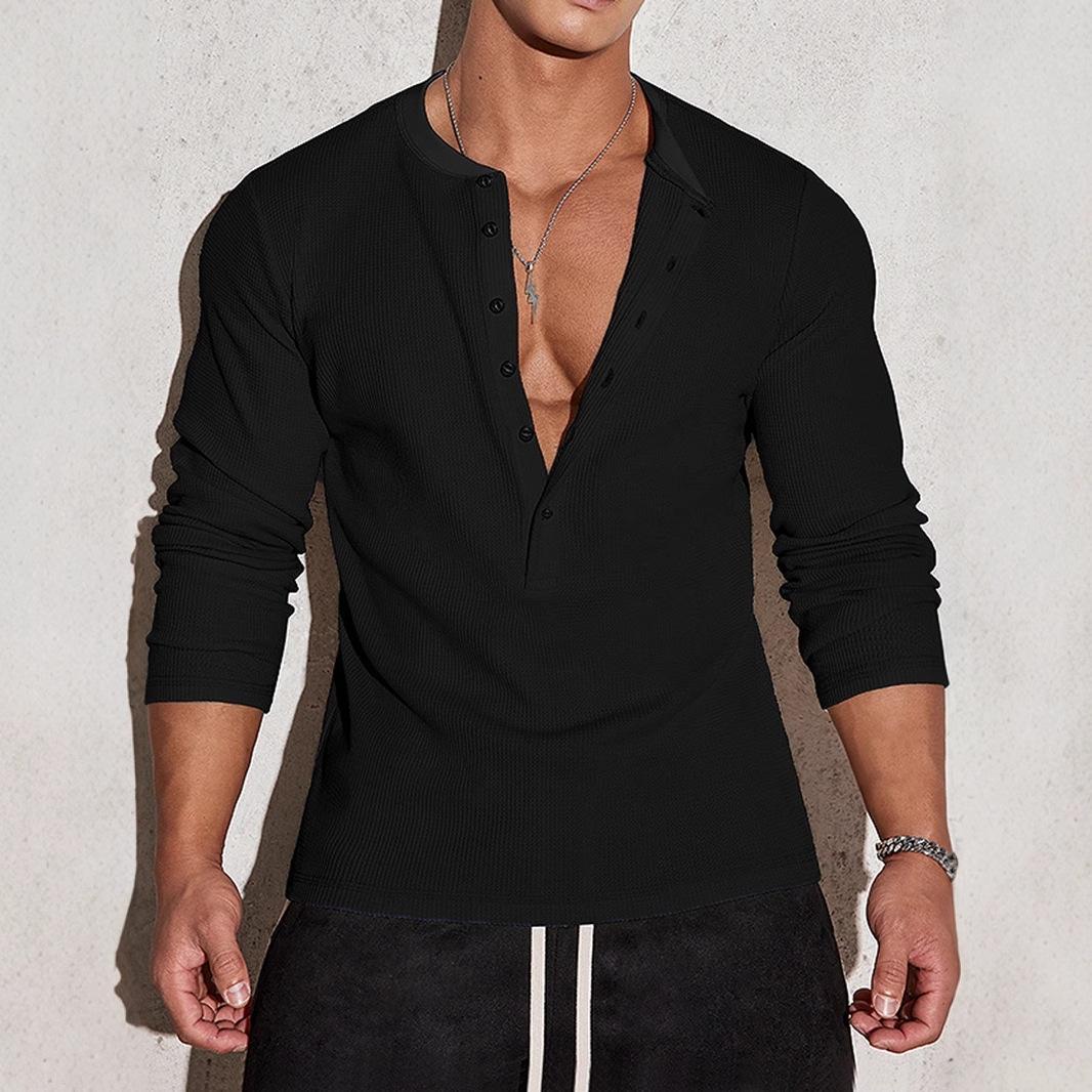 

Мужской трикотажный свитер с длинным рукавом и вырезом хенли, светло-серый, молочно-белый, темно-синий, черный 2XL чёрный