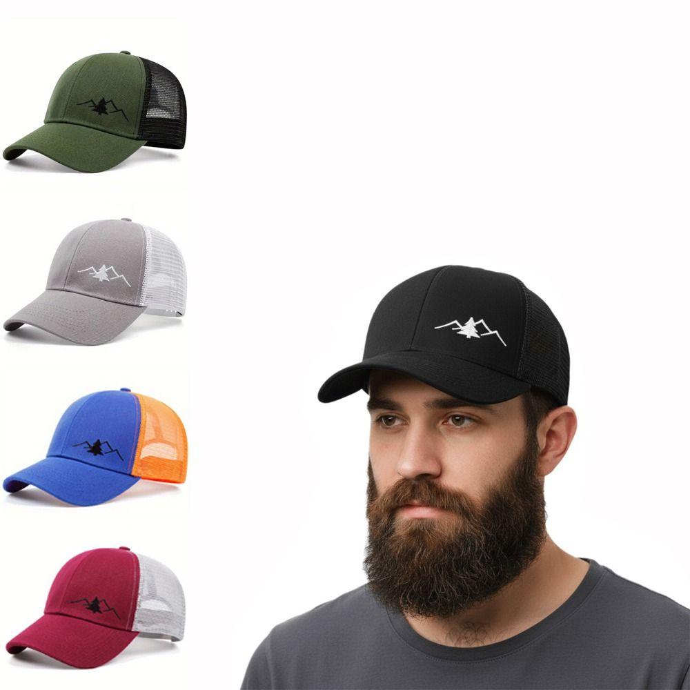 Mountain Embroidery Mesh Cap Adjustable Fit Sun Shading Hat Breathable Hat  Unisex Wear