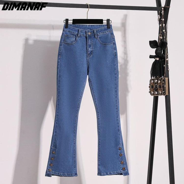 Blue Flare Jeans Pants for Women Plus Size 5XL Elastic Loose Casual Harem Trousers with Buttons Spring