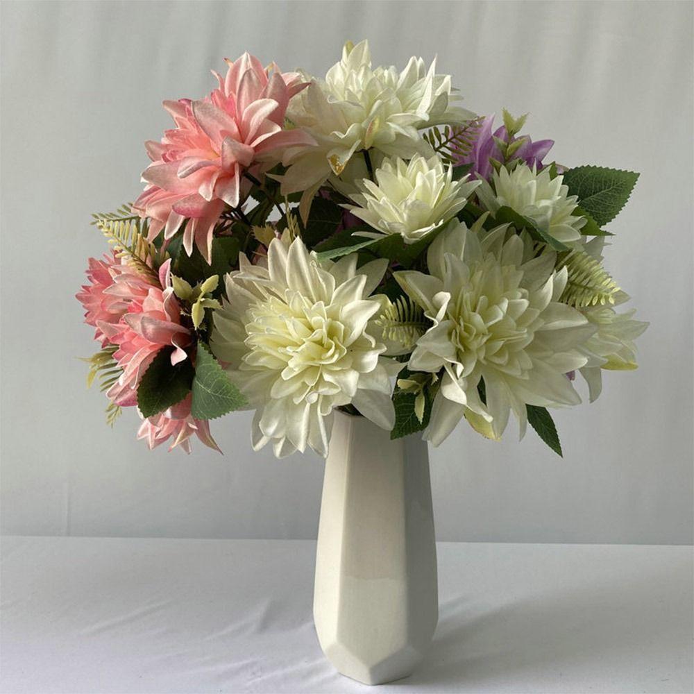 Dahlia Rose Daisy Artificial Flowers Green Leaves Multicolor Simulation Flower Silk Petals DIY Faux Flower Room Decoration