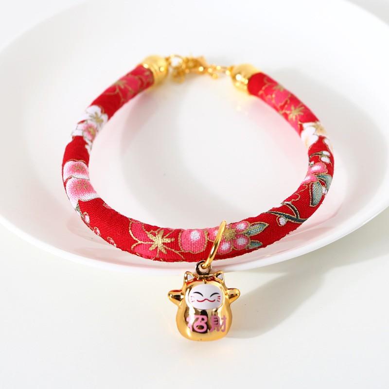 Adjustable Pet Collar With Japanese Floral Shiba Inu Maneki-neko Charm Copper Bell Cats Dogs