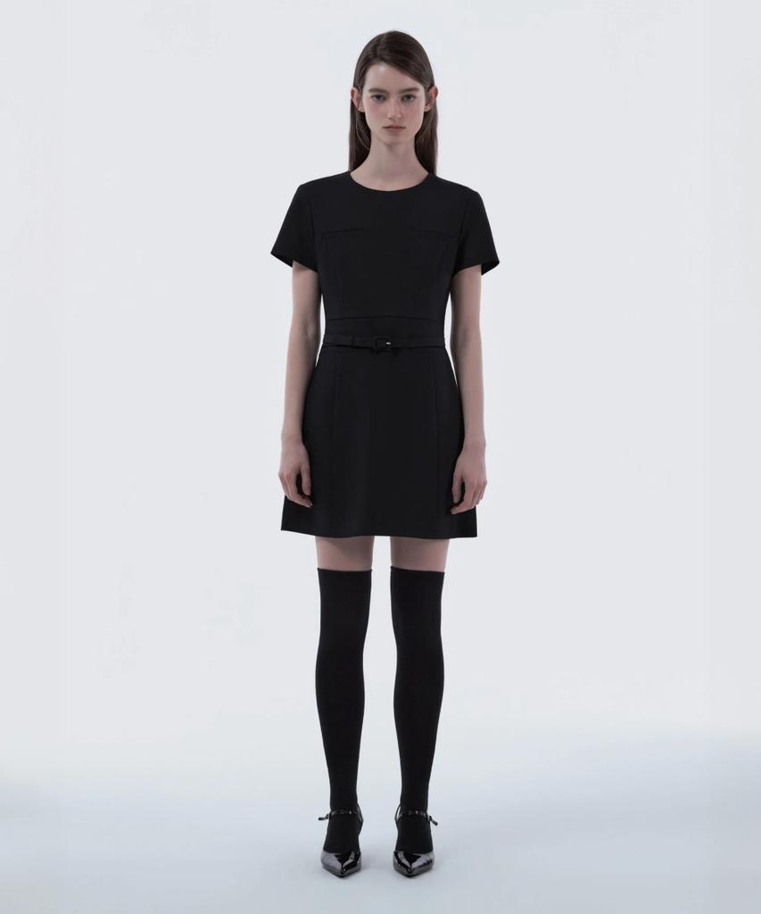 Mausolleum Belted Round Neck Suit Dress - Black