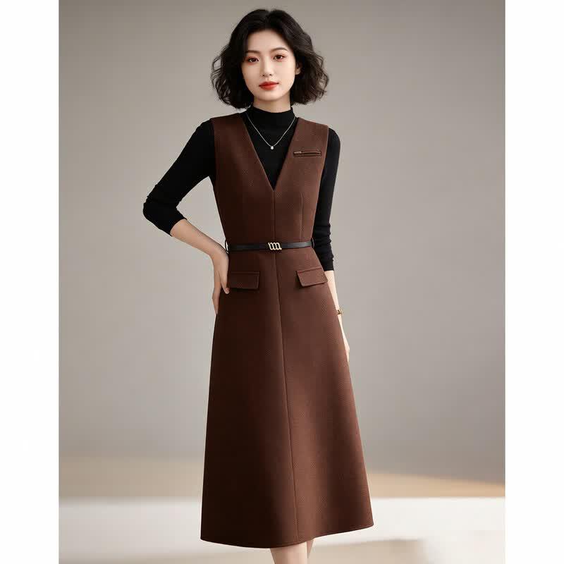 Women's Semi-High Neck Top & Sequin Vest Dress Two-Piece Set with Belt