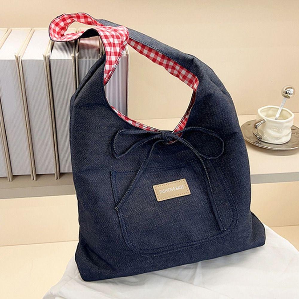 Japanese Style Denim Shoulder Bag Lattice Canvas Tote Bag Double Sided Plaid Denim Vest Bag Travel