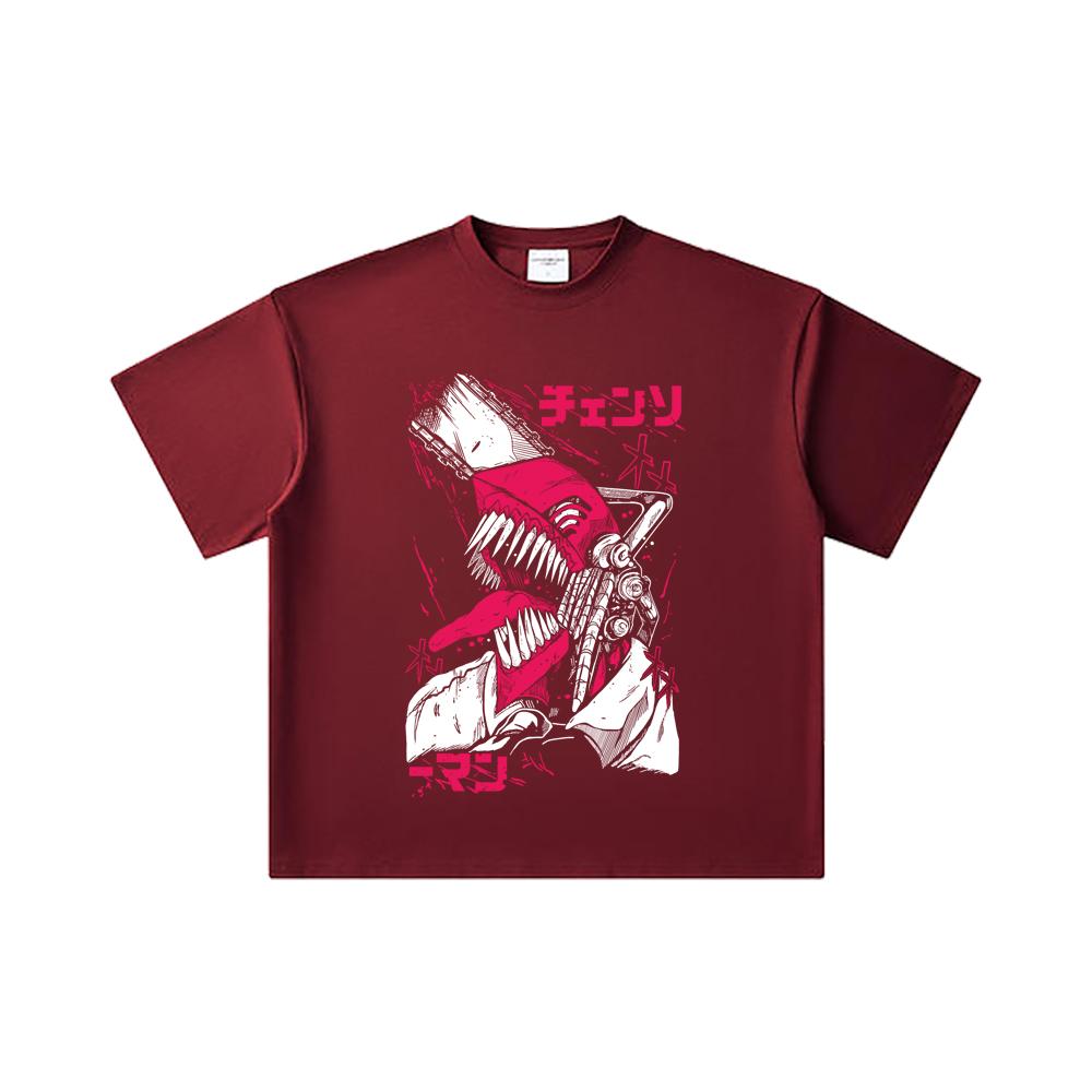 

260 GSM Double Yarn 32 Count 100% Cotton Chainsaw Man V16 Denji Print Unisex Heavy Cotton T Shirt 2XL вина червоного кольору