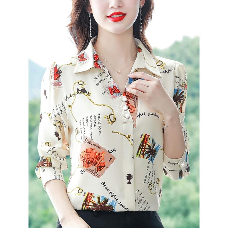 Camisa de gasa para mujer en otoño, nueva camisa de manga larga que cubre el vientre, blusa para madres de mediana edad.