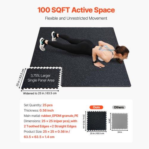 VEVOR 0.56 Inch Thick Gym Floor Mats, 25 Tiles Rubber Top with EVA Foam, 25" x 25" Gym Flooring Workout Mats with 100sq.ft Coverage
