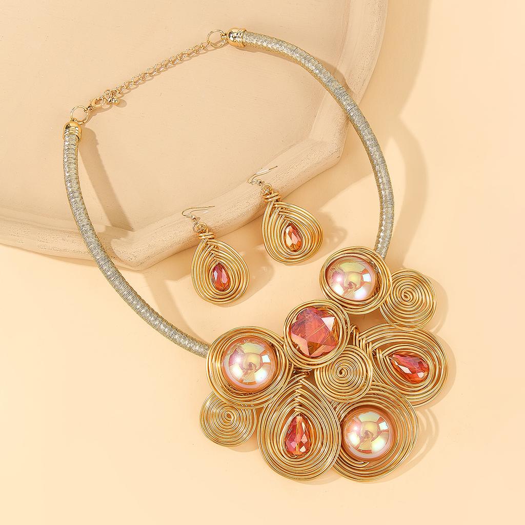 Fashion Luxury Crystal Bead Aluminum Wire Hand Woven Statement Necklace Earrings Jewelry Set For Women Party Dress Accessories