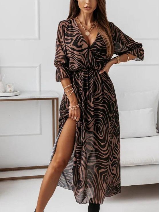 Europäisches & Amerikanisches Damen V-Ausschnitt Blumen Chiffon Kleid - Figurbetont mit Seitenschlitz, 2026 Kollektion