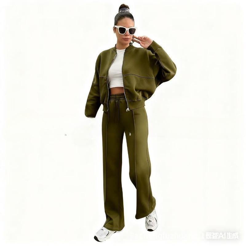 VEZFAA Pantalones de moda para mujer, informales, de primavera y otoño, con estampado de colores sólidos, de manga larga y cuello redondo, pantalones, trajes