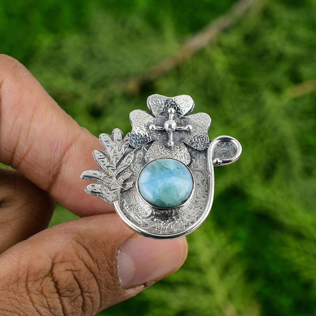 Wedding Gift For Her 925 Silver Natural Larimar Statement Flower Adjustable Ring