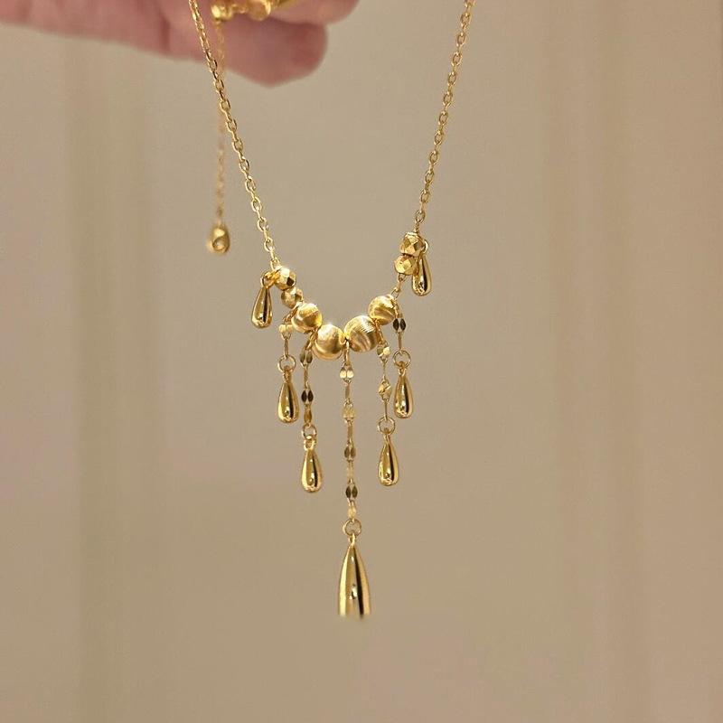

Золотое ожерелье с бахромой в виде капли воды, женское, с круглыми бусинами, изысканная ретро-придворная цепочка на шею, легкая роскошь, высококлассная цепочка на ключицу