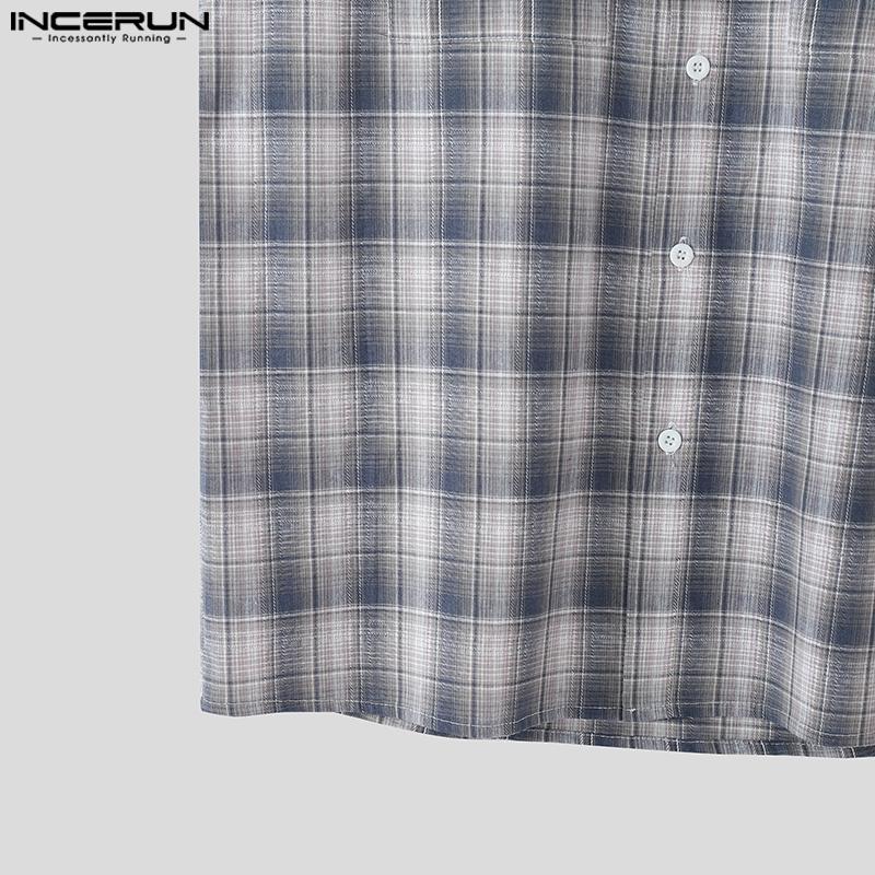 INCERUN Men Lapel Sleeveless Gradient Plaid Print Casual Shirts Tank Tops