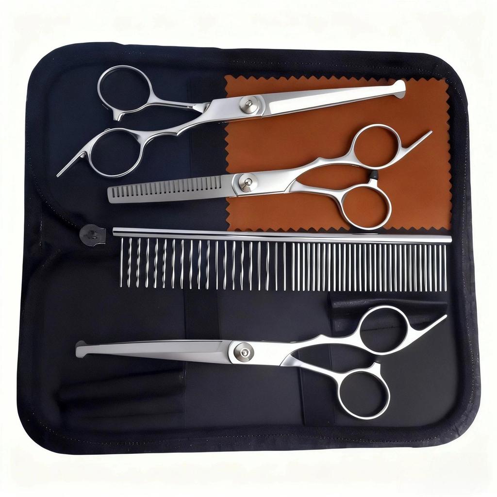 Portable Pet Grooming Scissor Set: Flat & Curved Hairdressing Tools