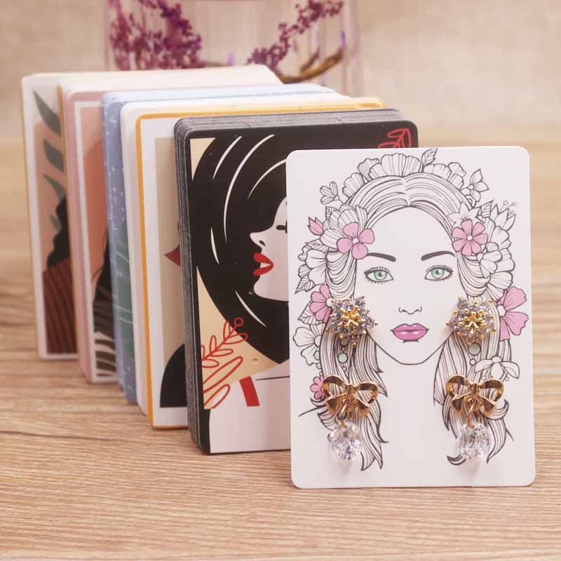 50Pcs/Lot Earring Card Four Holder 5x7cm Hot Girl /Abstract painting paper card Jewelry Accessory Package Cards