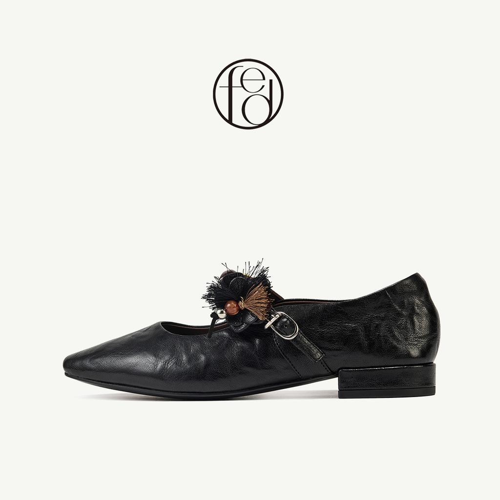 Retro Sheepskin Women's Shoes Spring Small Square Head Shallow Mouth Low Heel Flat Bottom Single Shoes Beaded Mom Commuting Mary Jane Shoes Women