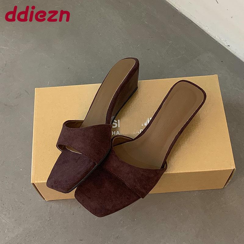 Fashion Fashion Square Toe Ladies Wedges Slippers Shoes New 2025 Summer Female Sandals Footwear Wedges Slides Slippers Shoes For Women