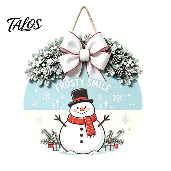 Indoor Outdoor Porch Ornament Christmas Wooden Welcome Sign for Front Door, Round Hanging with Seasonal Wall Art Artificial Pine Branches & Bow Decor