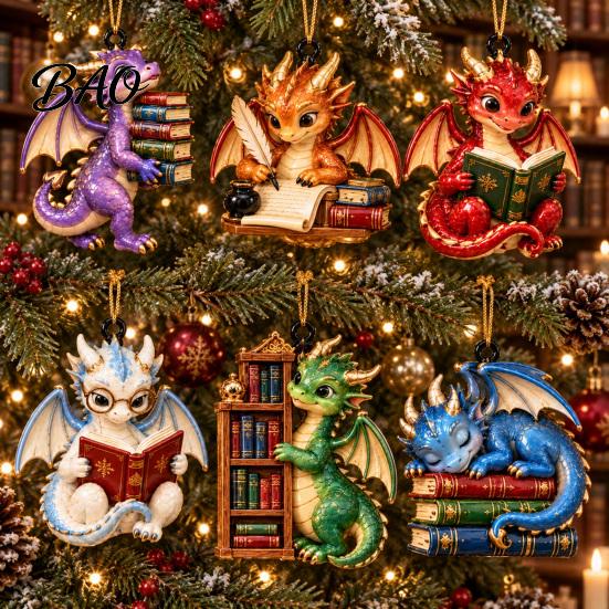 Book Club Party Supplies Bookish Dragon Ornament, Fantasy Dragons Christmas Hanging Gift for Readers Decoration, Acrylic Gothic Pendant, Gifts Lovers