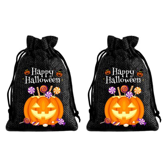 Handmade Style Party Bags 2Pcs Halloween Pumpkin Drawstring for Candy Treats, Retro Burlap Festival Totes Trick or Treat Bags, Portable Goodie