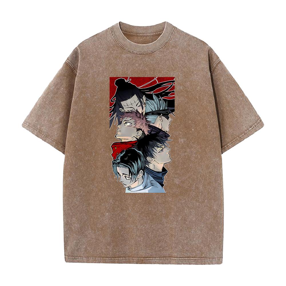 Anime Jujutsu Kaisen Itadori Yuji Fushiguro Megumi Print T-shirt Men Casual Tshirts Vintage Washed Tee Harajuku Cotton T Shirt