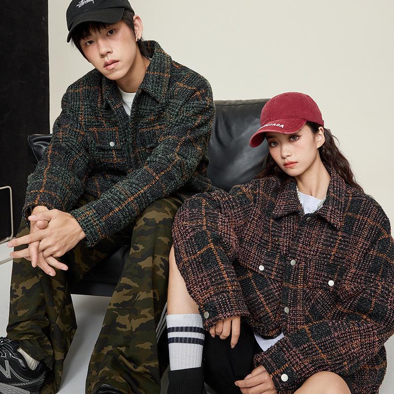 Рубашки с длинными рукавами в стиле ретро из грубой клетчатой ткани для мужчин и женщин — фото 4