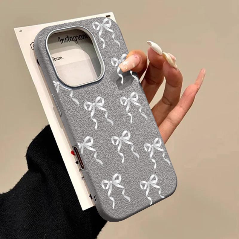 Bowknot Pattern TPU Leather Texture Case For iPhone 16 15 Pro Max 14 Pro 13 12 11 Slim Matte Shockproof Soft Phone Cover