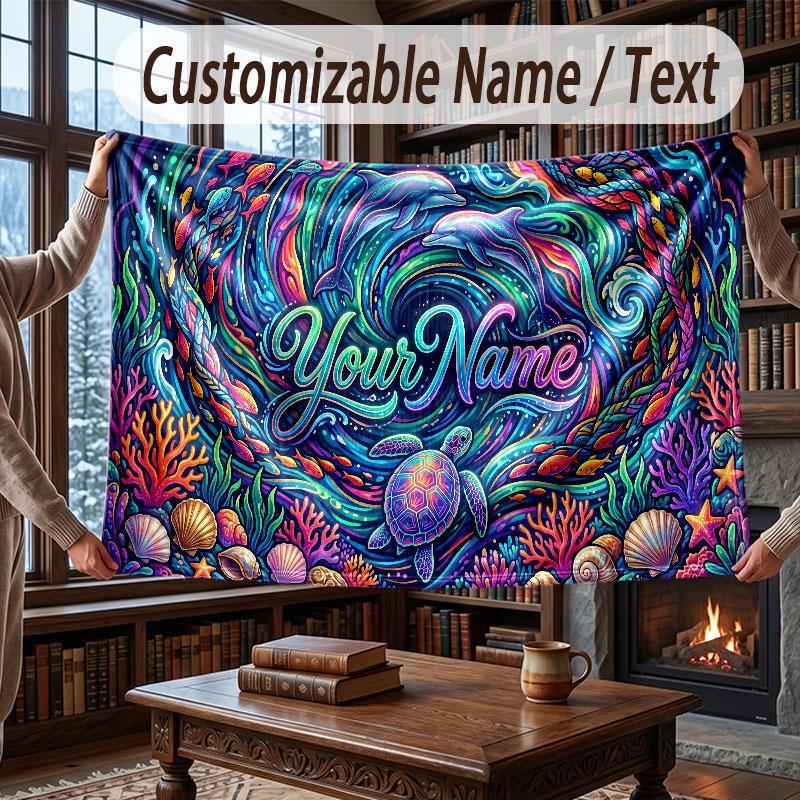 Octopus Sea Life Theme Throw Blanket Custom Name Text Personalized Blanket Soft Cozy Blanket for Home Sofa Bed
