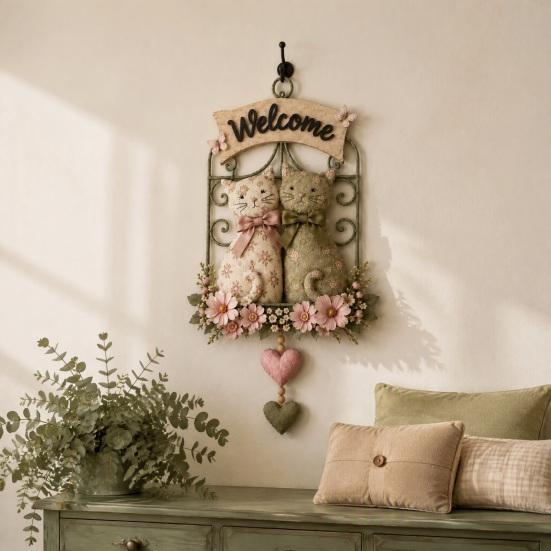 Vintage Style Hanging Ornament Floral Cat Couple Welcome Sign, Wooden Wall Ornament, Pastoral Indoor Outdoor Decoration Art Plaque for Living