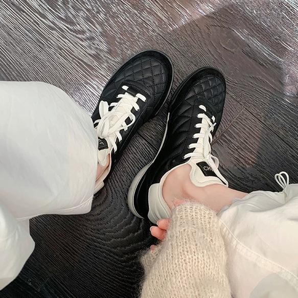 Sheepskin version~ genuine leather Xiaoxiangfeng thick-soled rhombus casual sports shoes women's versatile running shoes little white shoes board shoe