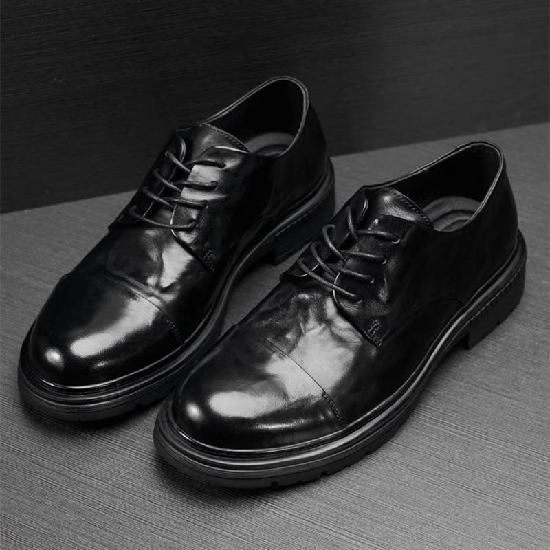 Men'S Shoes Fashionable Breathable Formal Business Shoes Spring Autumn Thick-Soled Blue Round Head Small Leather Shoes Casual Fashion Leather Shoes