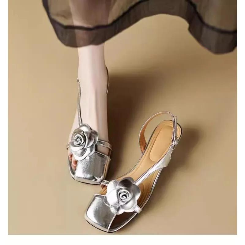 2024 Square Head Leather Flower Sandals Low Top Adult Fashion English Viscose Footwear Fashion Sandals