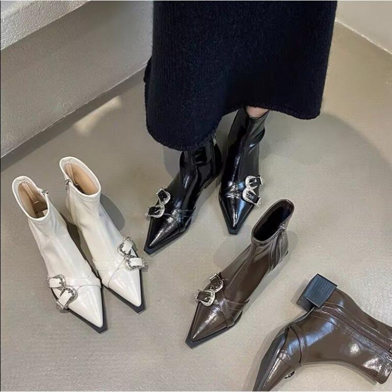 Fashion Chunky Heel Women Solid Boots Pointed Toe Side Zipper Autumn  Boots Belt Buckle Mid Calf Fashion Casual 2025 Newest Boots