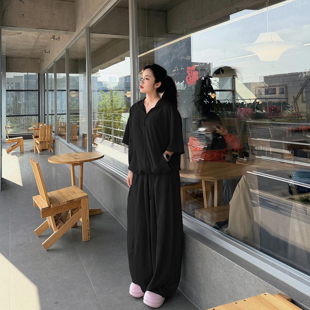 Women's Loose Two-Piece Pant Suit Short Sleeve Zip Up Hooded Jacket Wide Leg Pants Elegant Commuter Plus Size Matching Outfit Set